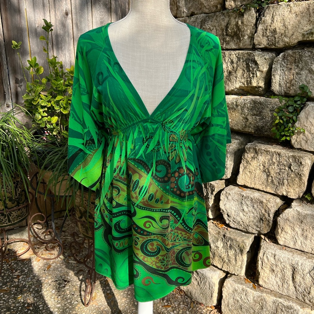 AZIZA - Green Tunic Bathing Suit Cover-Up - Medium